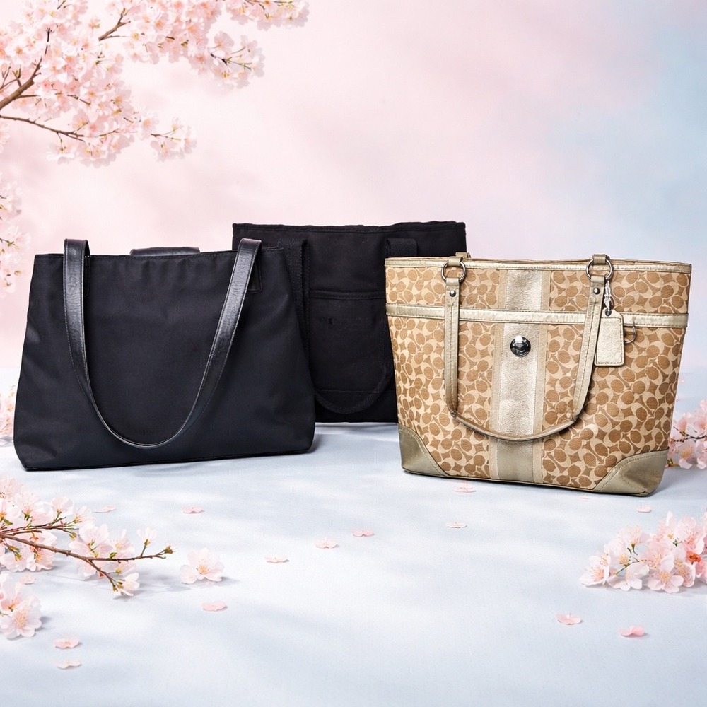 Lot of 3 Coach Bags Gold Signature Monogram Tote Black Nylon & Canvas Handbags